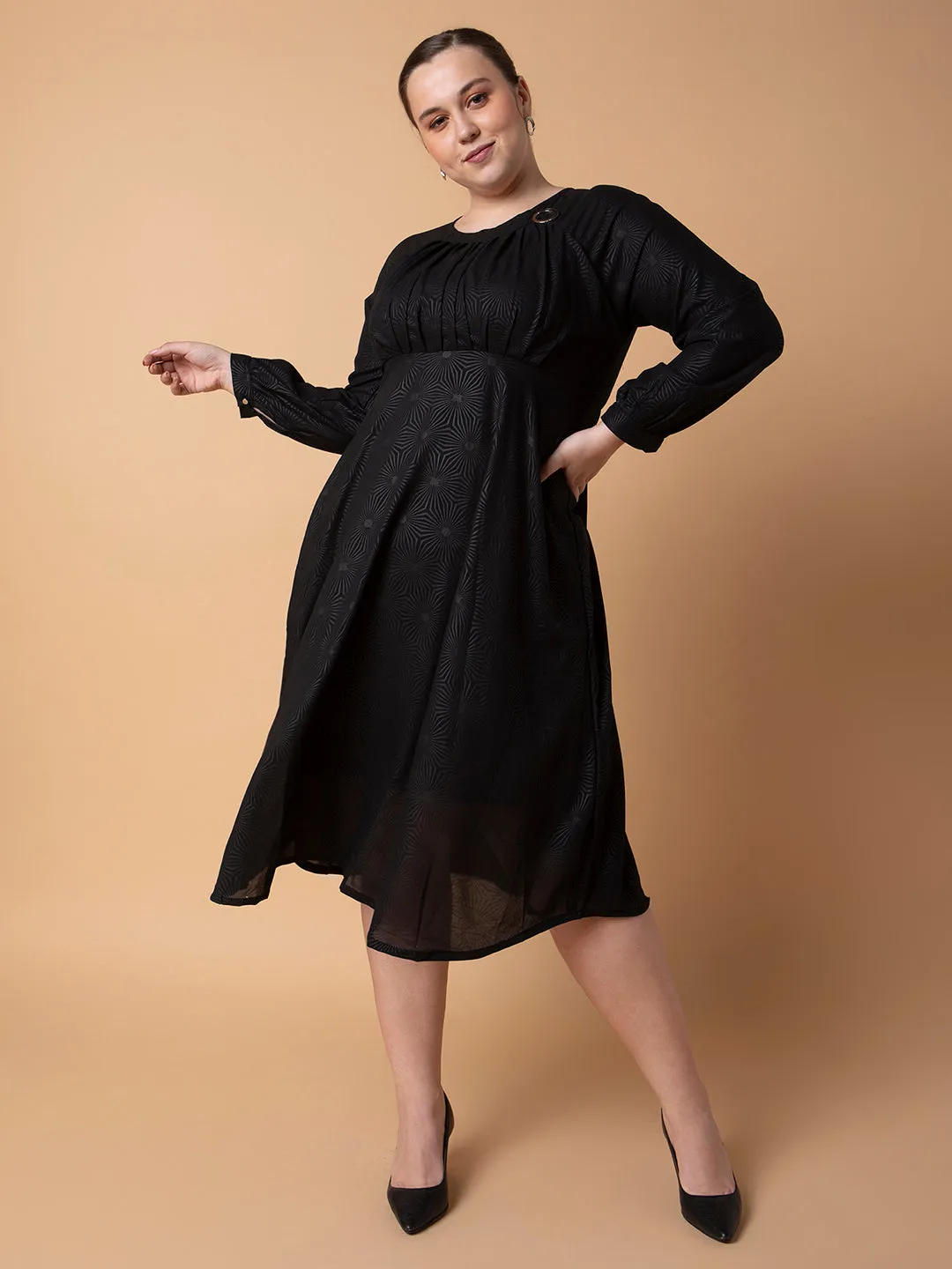 Women Black Fit and Flare Midi Dress