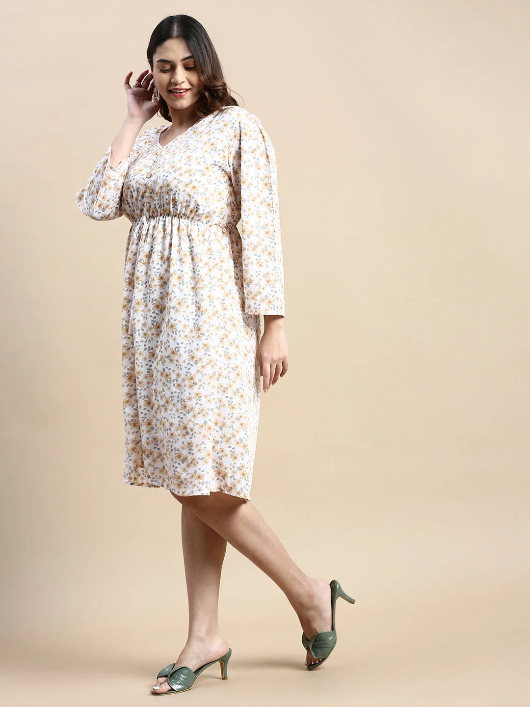 Women Puff Off White Floral Fit and Flare Dress