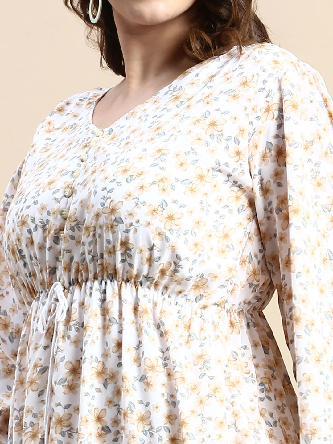Women Puff Off White Floral Fit and Flare Dress