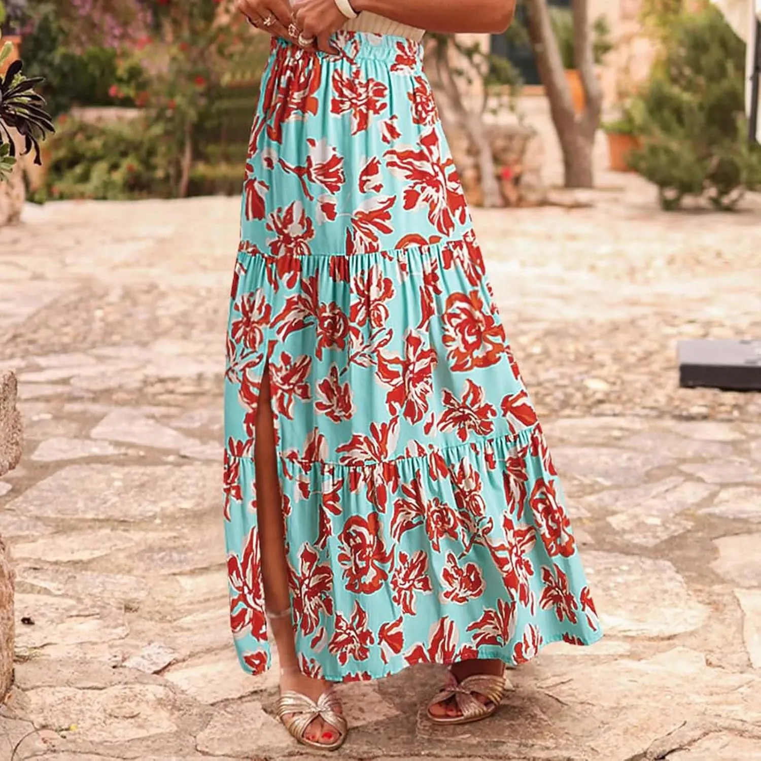 Womens Boho Skirts Summer Split Maxi Skirt Floral Print Bohemian Beach Elegant Tiered Ruffle Half Dress