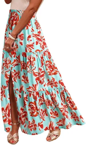 Womens Boho Skirts Summer Split Maxi Skirt Floral Print Bohemian Beach Elegant Tiered Ruffle Half Dress