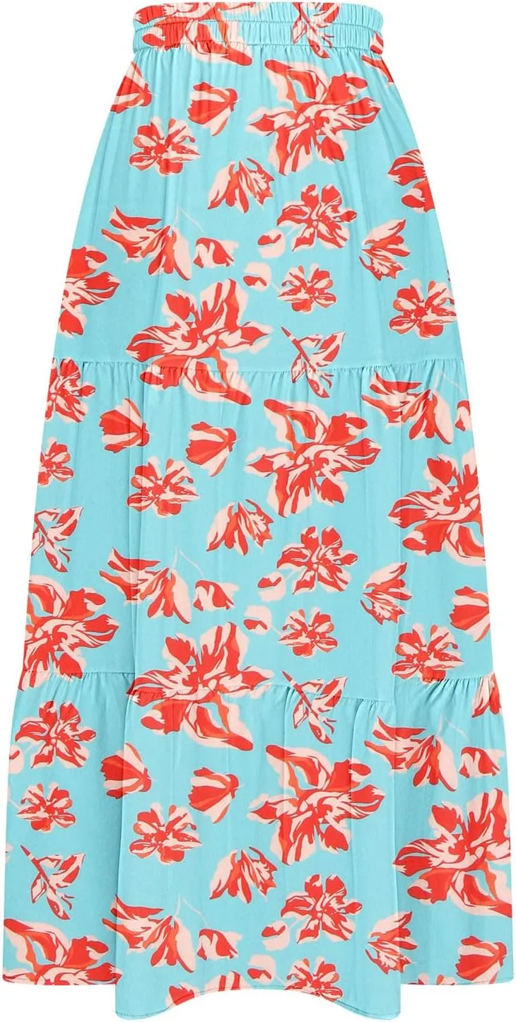 Womens Boho Skirts Summer Split Maxi Skirt Floral Print Bohemian Beach Elegant Tiered Ruffle Half Dress