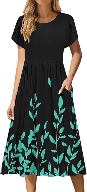 Womens Casual Dress for Summer Short Sleeve Pleated Dress Flowy Floral Beach Dress with Pockets A Line Midi Sundress