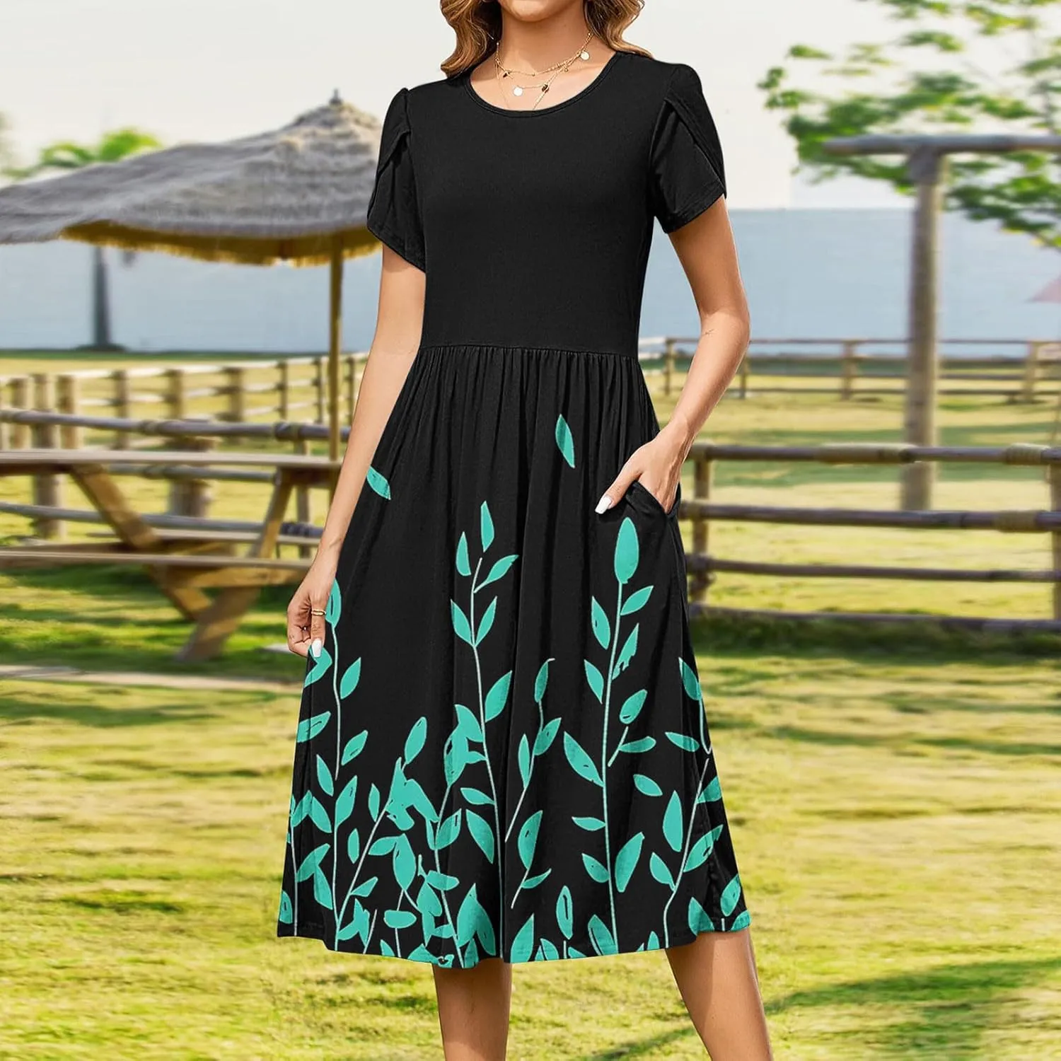 Womens Casual Dress for Summer Short Sleeve Pleated Dress Flowy Floral Beach Dress with Pockets A Line Midi Sundress