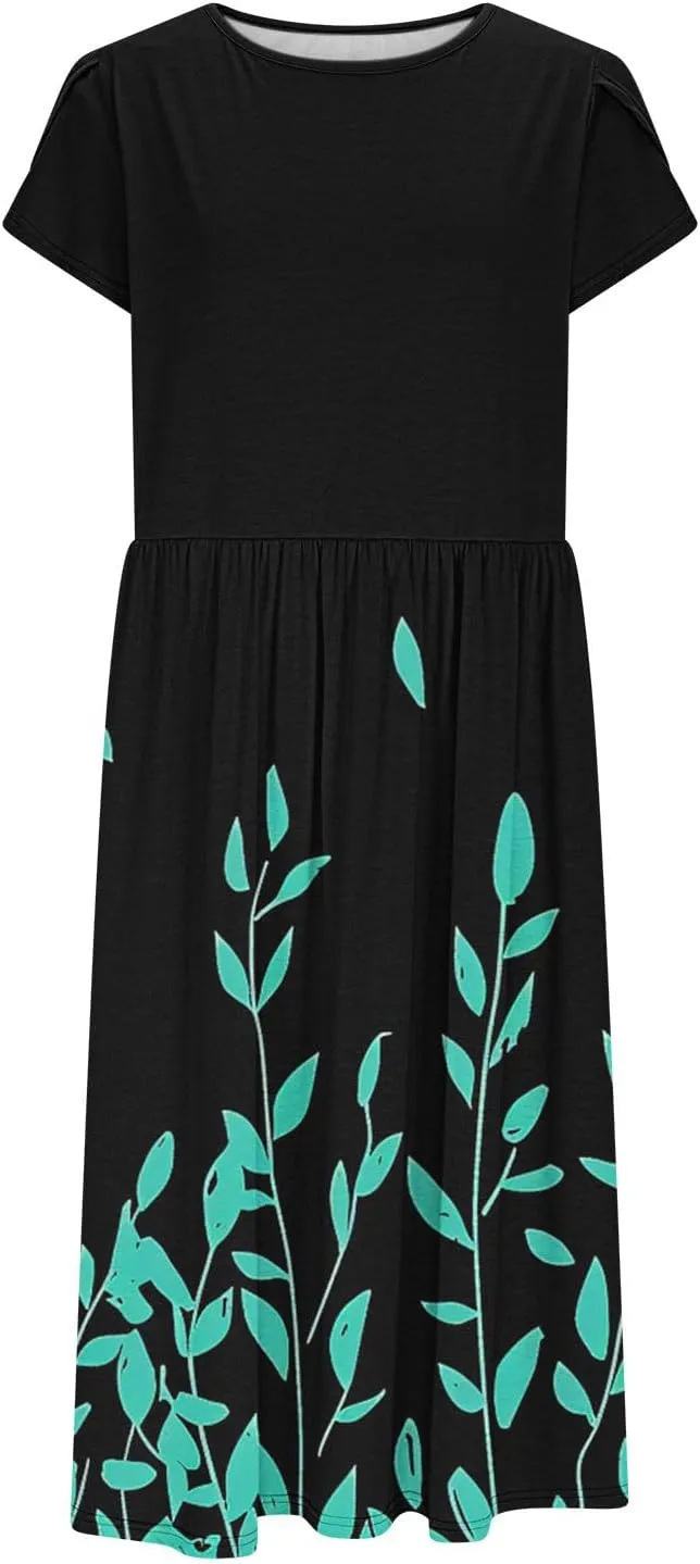 Womens Casual Dress for Summer Short Sleeve Pleated Dress Flowy Floral Beach Dress with Pockets A Line Midi Sundress