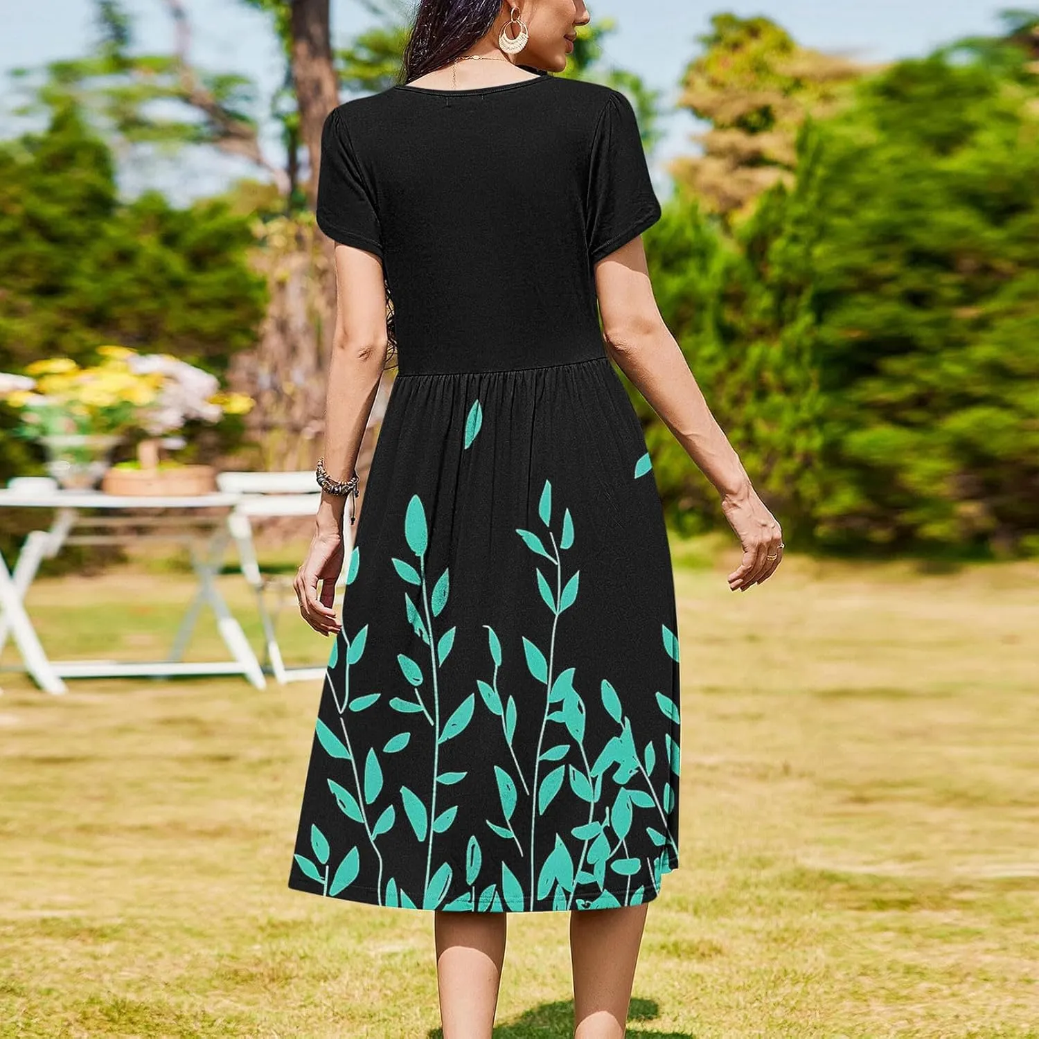Womens Casual Dress for Summer Short Sleeve Pleated Dress Flowy Floral Beach Dress with Pockets A Line Midi Sundress