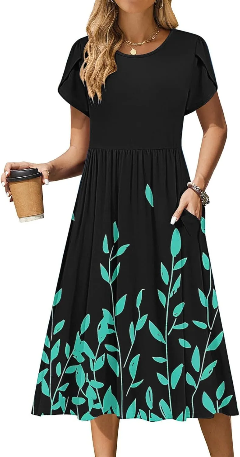 Womens Casual Dress for Summer Short Sleeve Pleated Dress Flowy Floral Beach Dress with Pockets A Line Midi Sundress