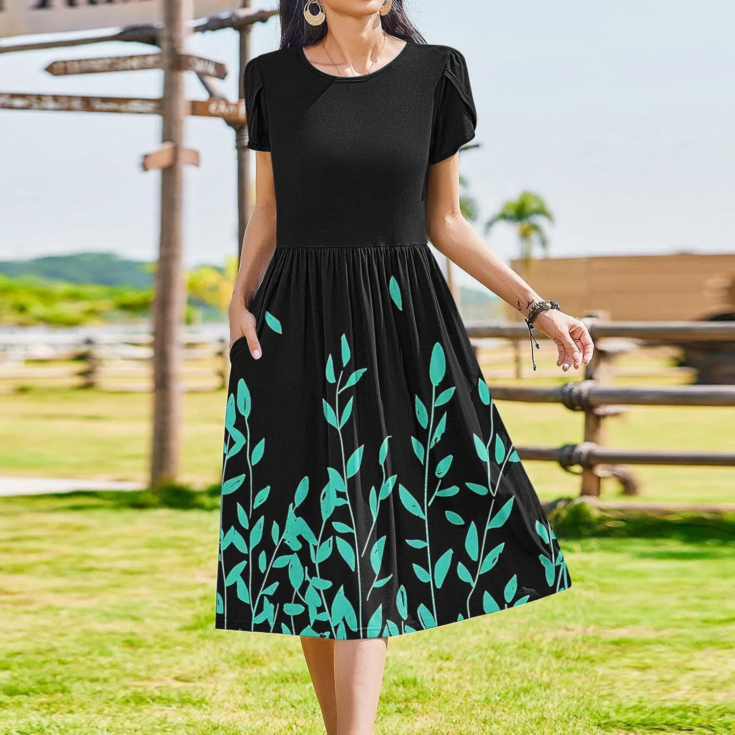 Womens Casual Dress for Summer Short Sleeve Pleated Dress Flowy Floral Beach Dress with Pockets A Line Midi Sundress