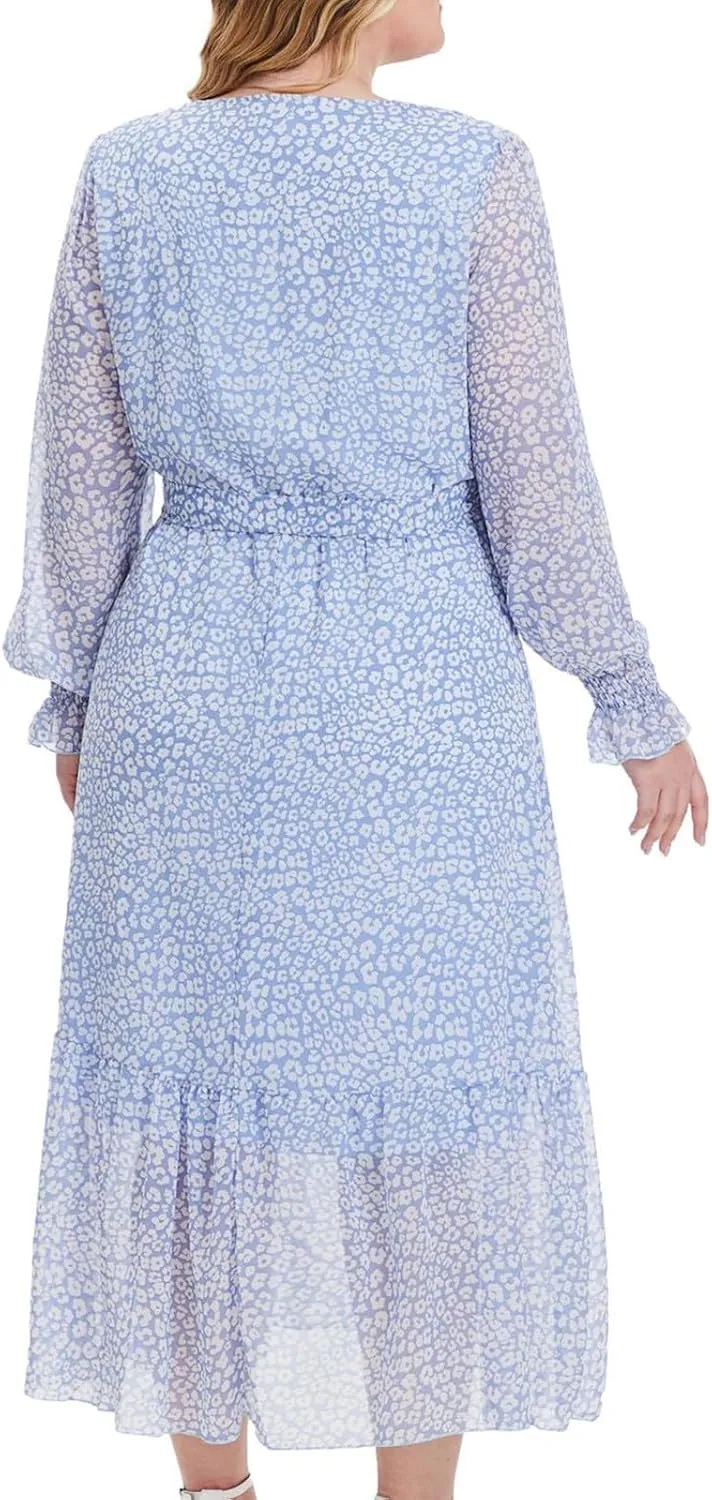 Women's Casual Dresses Summer Plus Size Chiffon Vacation Midi Dress Trendy Wrap V Neck Long Sleeve Beach Dresses