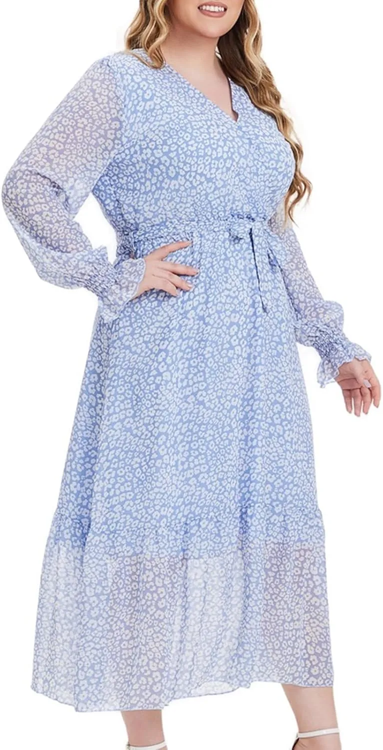 Women's Casual Dresses Summer Plus Size Chiffon Vacation Midi Dress Trendy Wrap V Neck Long Sleeve Beach Dresses