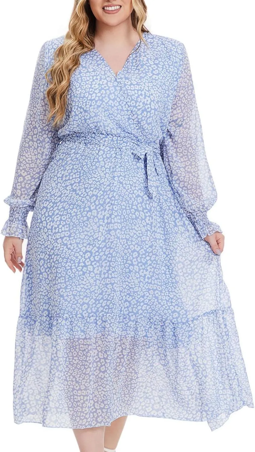Women's Casual Dresses Summer Plus Size Chiffon Vacation Midi Dress Trendy Wrap V Neck Long Sleeve Beach Dresses