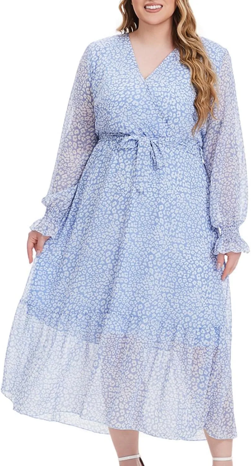 Women's Casual Dresses Summer Plus Size Chiffon Vacation Midi Dress Trendy Wrap V Neck Long Sleeve Beach Dresses