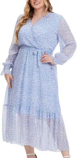 Women's Casual Dresses Summer Plus Size Chiffon Vacation Midi Dress Trendy Wrap V Neck Long Sleeve Beach Dresses