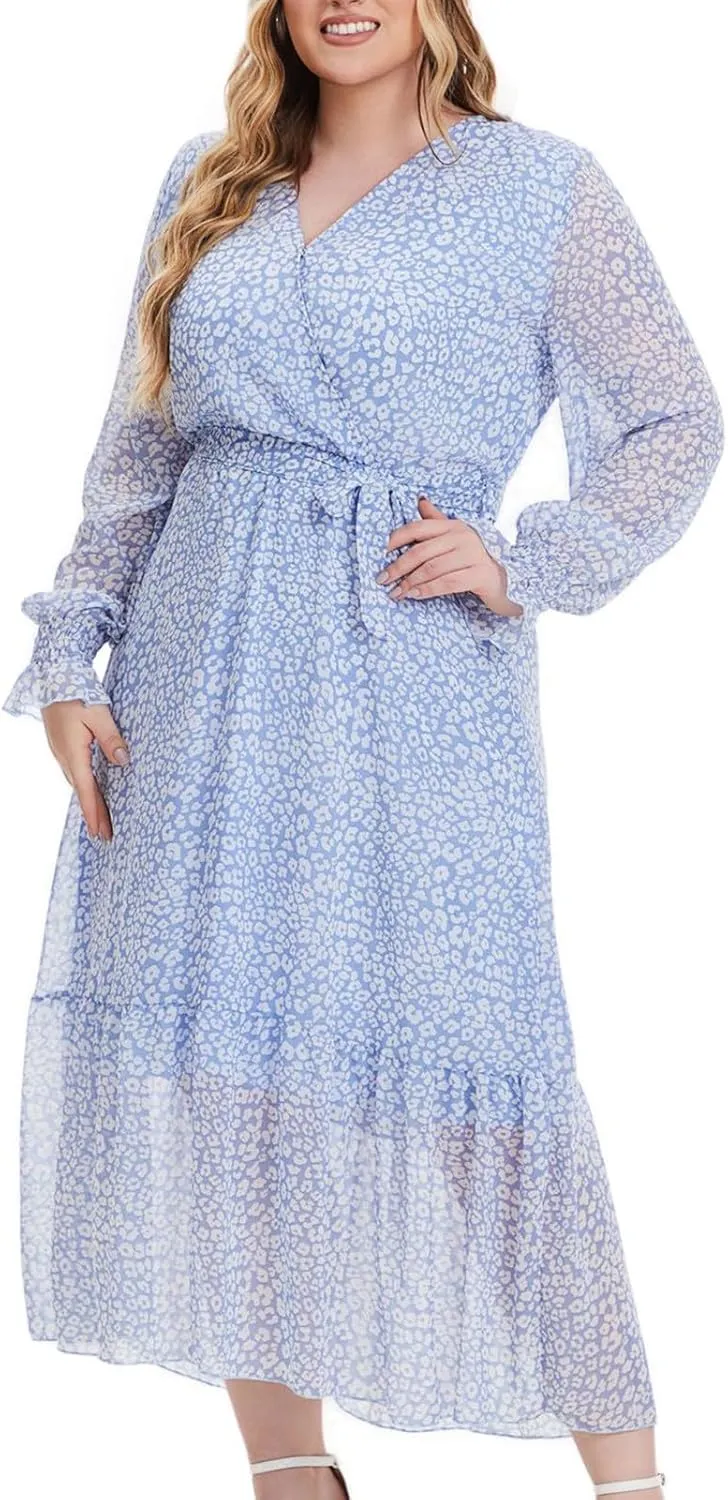 Women's Casual Dresses Summer Plus Size Chiffon Vacation Midi Dress Trendy Wrap V Neck Long Sleeve Beach Dresses