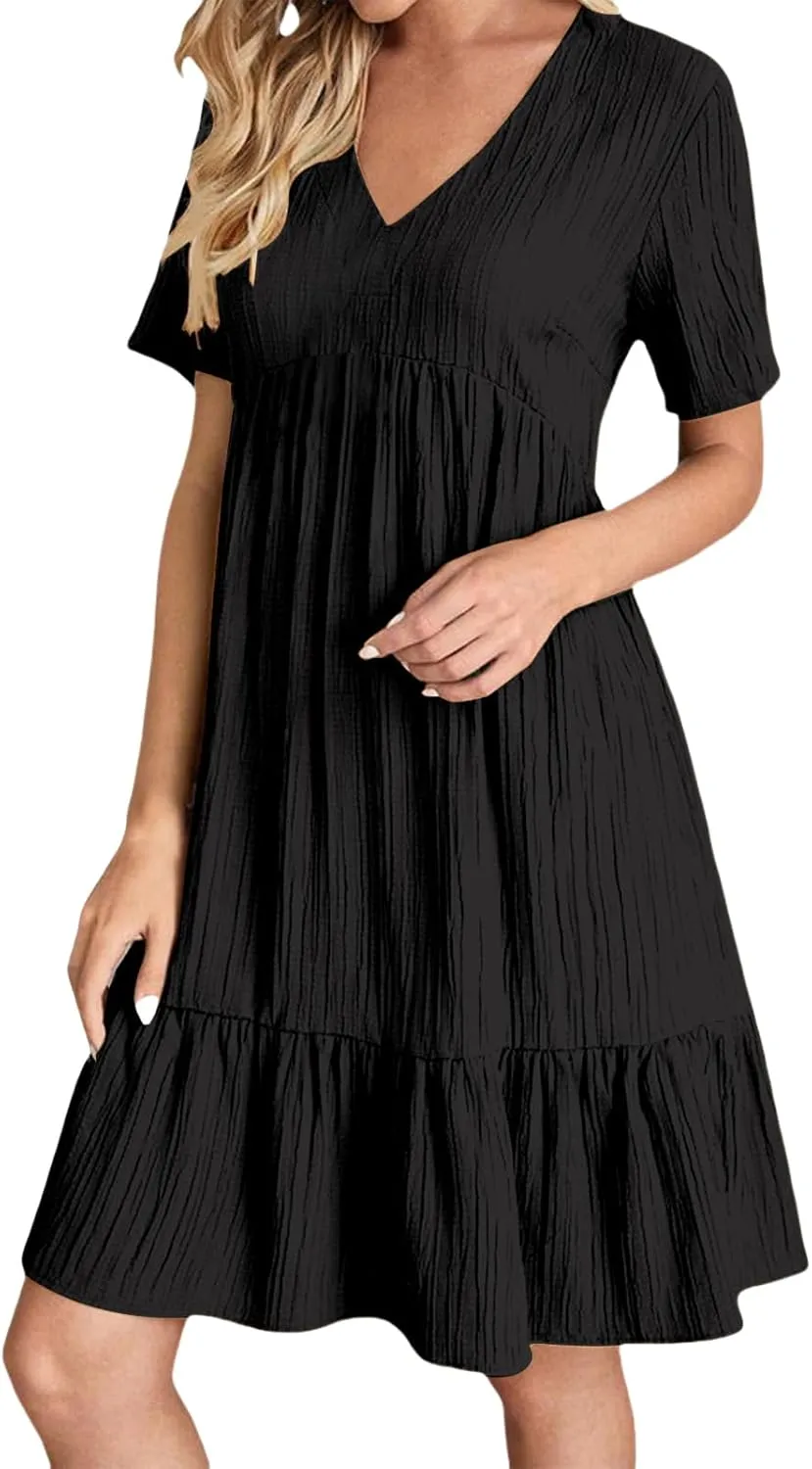 Womens Casual Summer Dresses Flowy Sleeveless Midi Dress Beach Vacation Sundress Ruffle Swing Dress V Neck Comfy