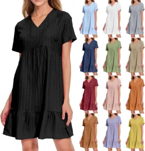 Womens Casual Summer Dresses Flowy Sleeveless Midi Dress Beach Vacation Sundress Ruffle Swing Dress V Neck Comfy