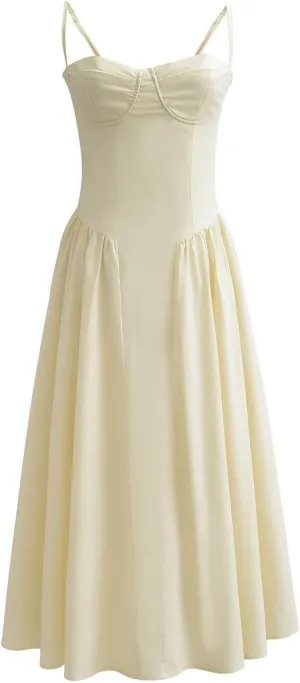 Women's Ruched Bust Corset Dress Flowy Milkmaid Dress Spaghetti Strap Bustier Midi Dress Low Cut Flowy Pleated Hem Dresses