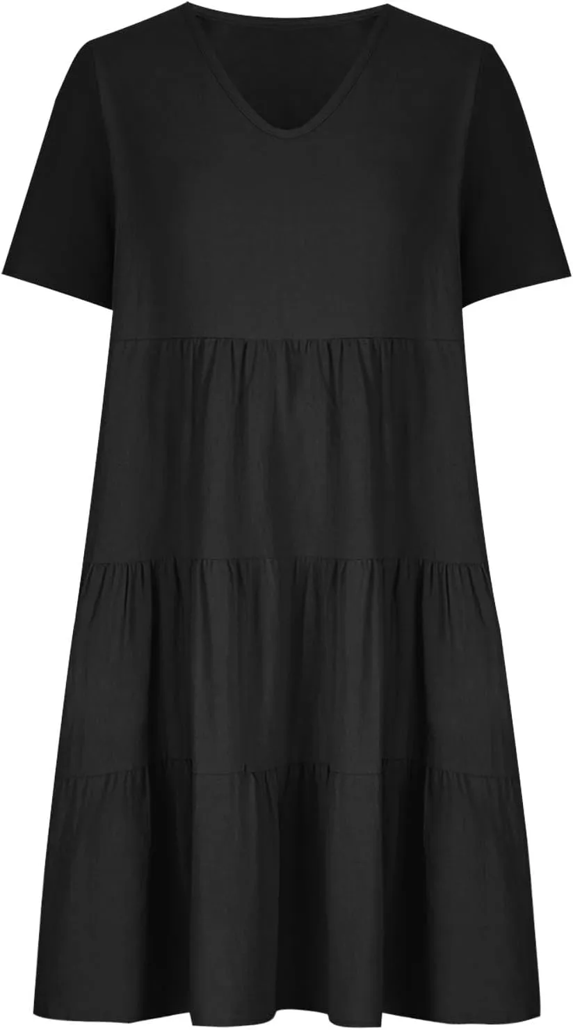 Womens Summer Dresses Casual V-Neck Short Sleeve Flowy Mini Dress Trendy Solid A-Line Ruffle Tiered Swing Dresses