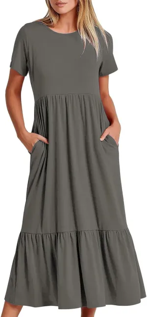 Womens Summer Short Sleeve Crewneck Shirt Dress Casual Flowy Tiered Maxi Beach Dress with Pockets Elegant Long Sundresses