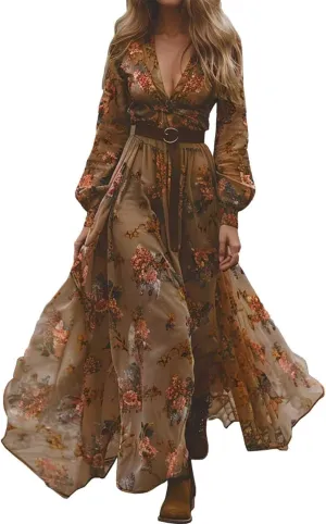 Women's Vintage Pastoral Flower Long Dress Sexy V-Neck Long Sleeve Western Dress Fall Casual Maxi Dress Holiday Dress