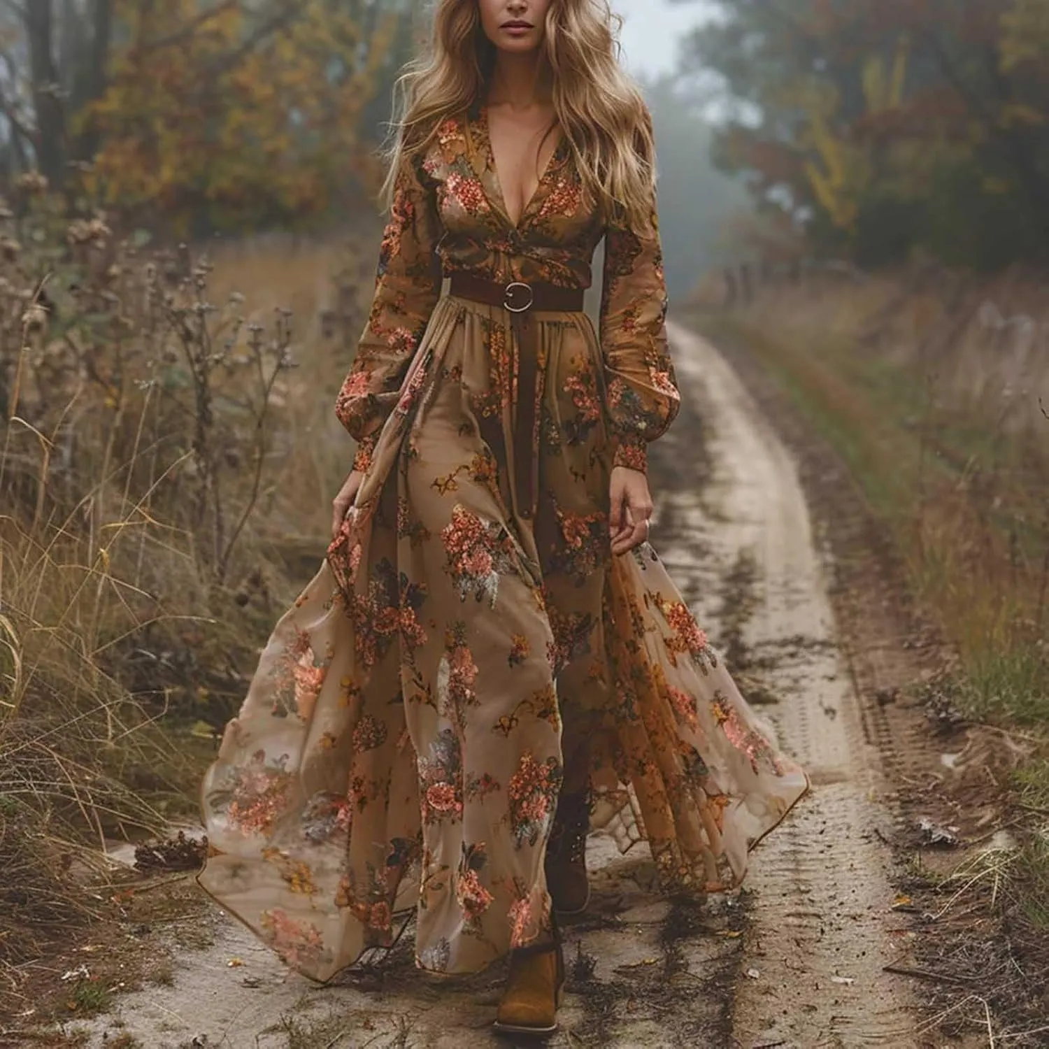 Women's Vintage Pastoral Flower Long Dress Sexy V-Neck Long Sleeve Western Dress Fall Casual Maxi Dress Holiday Dress
