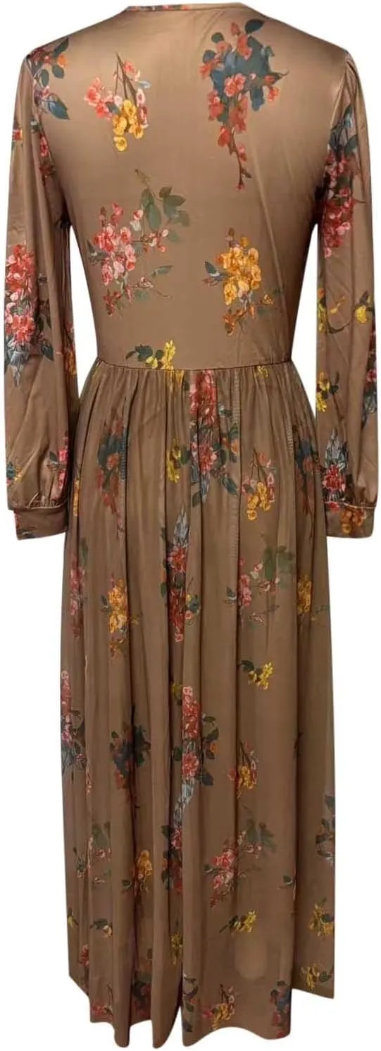 Women's Vintage Pastoral Flower Long Dress Sexy V-Neck Long Sleeve Western Dress Fall Casual Maxi Dress Holiday Dress
