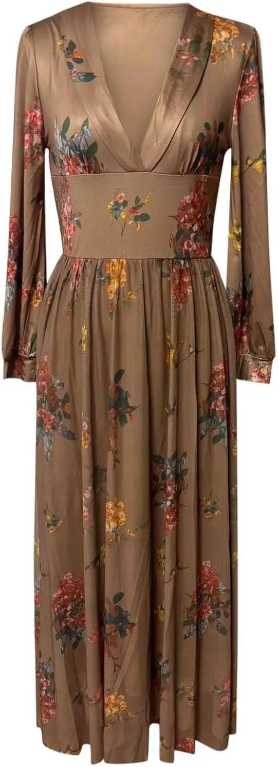 Women's Vintage Pastoral Flower Long Dress Sexy V-Neck Long Sleeve Western Dress Fall Casual Maxi Dress Holiday Dress